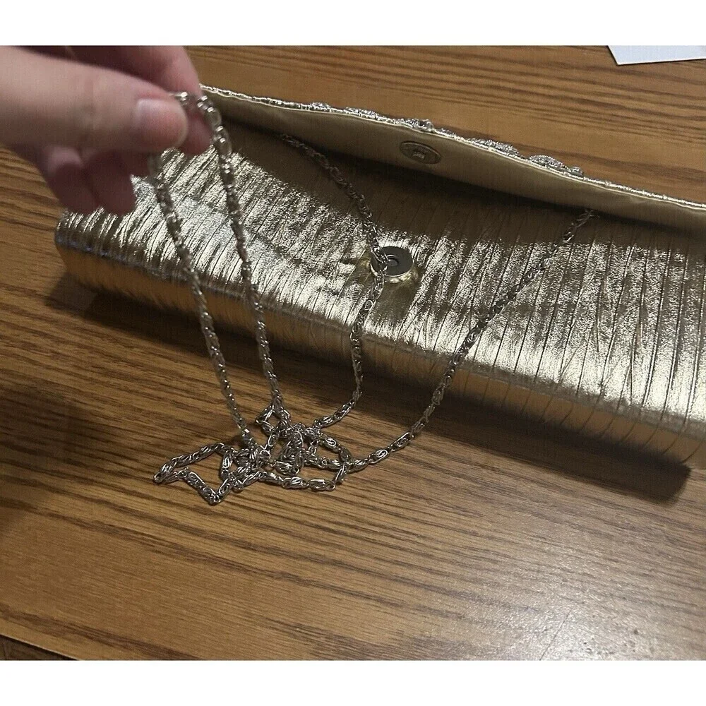 NWT Raj Metallic Gold Evening Clutch Handbag With Metal Gemstone w/ Chain